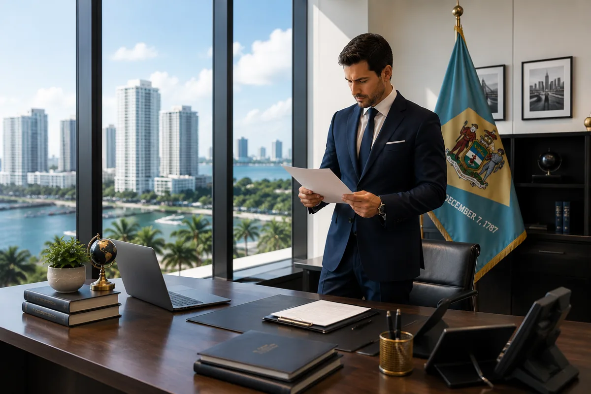 Profissional analisando documentos em escritório com a bandeira do estado de Delaware ao fundo