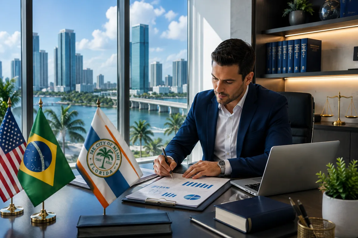 Profissional em escritório com vista para a orla de Miami, com as bandeiras do Brasil, dos Estados Unidos e da cidade de Miami sobre a mesa