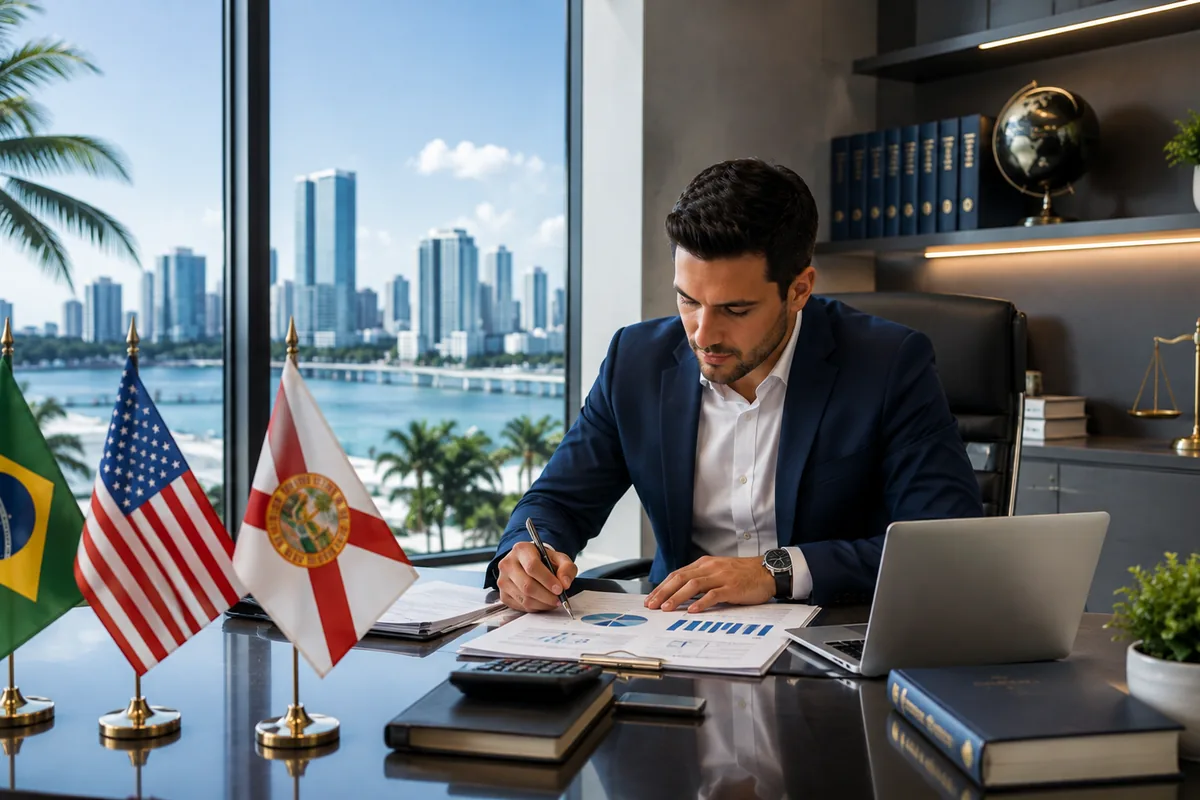 Mesa de escritório com as bandeiras do Brasil, dos Estados Unidos e da Flórida, representando a abertura de empresa no estado