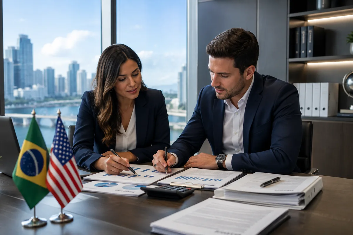 Contador e cliente revisando relatórios financeiros em escritório, com as bandeiras do Brasil e dos Estados Unidos sobre a mesa