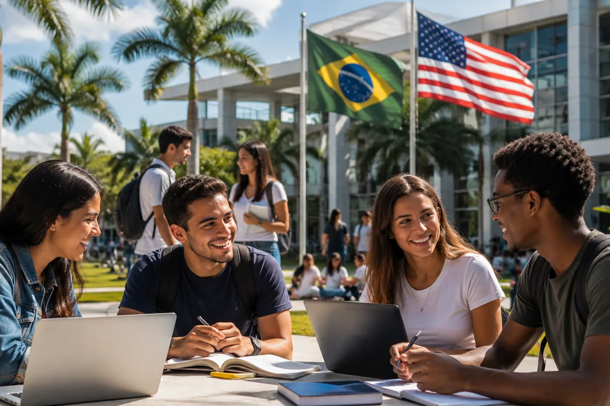 Estudantes brasileiros e internacionais em campus universitário nos Estados Unidos, com as bandeiras do Brasil e dos EUA ao fundo