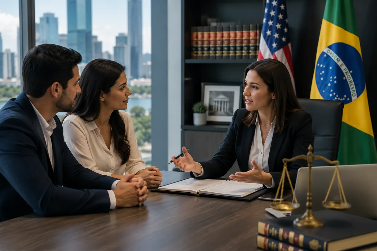 Casal em reunião de orientação sobre imigração, em escritório com as bandeiras dos Estados Unidos e do Brasil — a Miami Soluções conecta clientes a advogados licenciados para esses casos