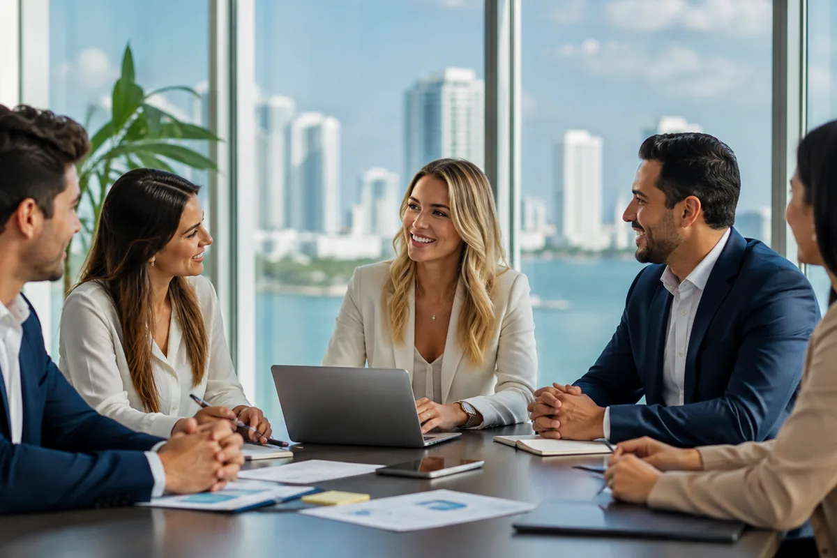 Reunión de profesionales en una oficina con vista a la bahía de Miami, que representa la consultoría empresarial para brasileños en Estados Unidos
